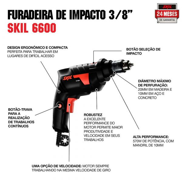 Furadeira Impacto 6600 3/8 Pol. 570W 220V Skil