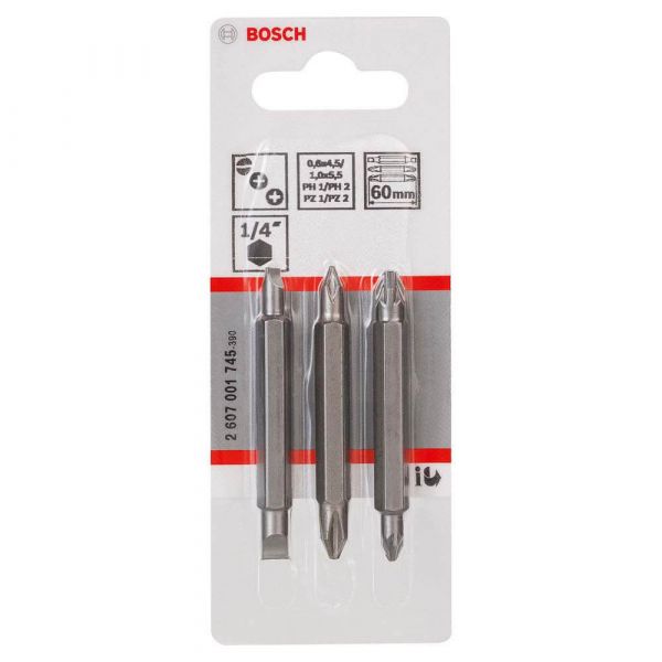 Jogo de Pontas duplas para parafusar Bosch 60mm, 3 peças, PH1, PH2, PZ1, PZ2, S0,6x4,5, S1,0x5,5