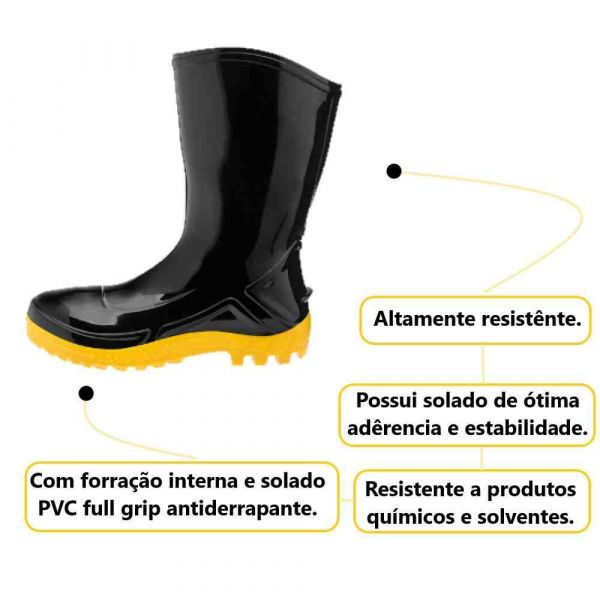 Bota De Borracha Preta Curta Com Solado Amarelo N° 41 Vulcaflex