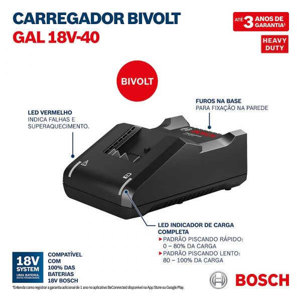 Carregador de Bateria 18V-40 GAL Bivolt Bosch 