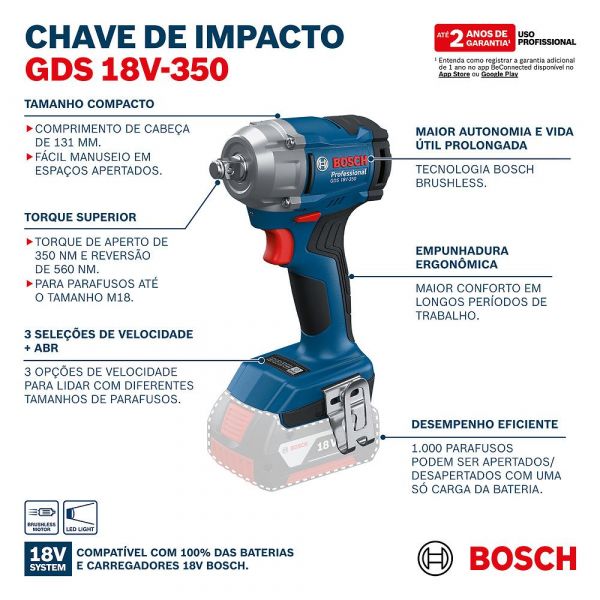 Chave de Impacto GDS 18V-350 1/2 Pol. 350Nm 2300rpm Sem Bateria Bosch