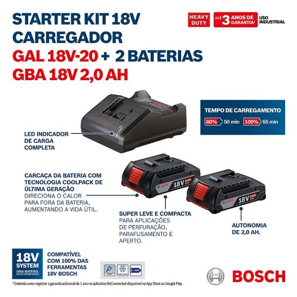 Combo de 2 Baterias GBA 18V 2Ah + Carregador de baterias GAL 18V-20 Bivolt Bosch 