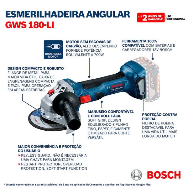 Combo Bosch Furadeira GSB 185-LI + Esmerilhadeira GWS 180 LI + 2 Baterias + Carregador Bosch