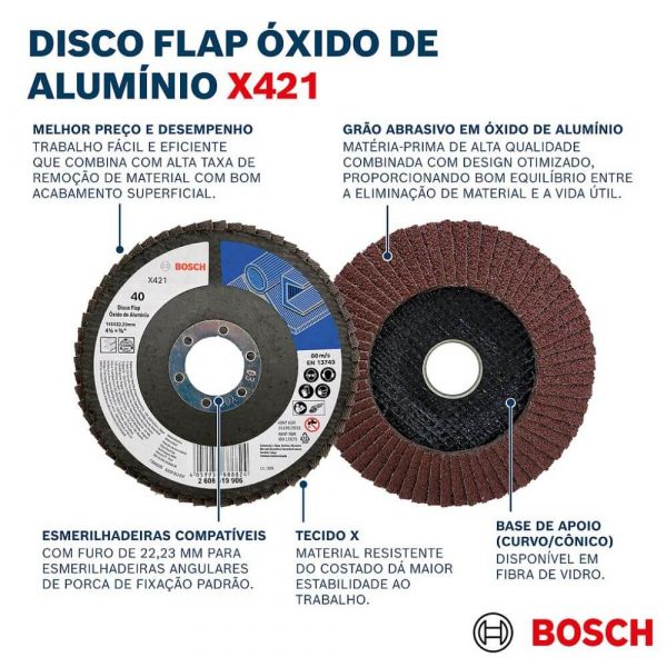 Disco Flap Bosch X421 Óxido de Alumínio Ø180mm G120, Curvo 10u