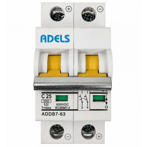 Disjuntor Solar Bipolar 600 Vdc CC 25A ADDB7-63 Adels Panda Energia Solar