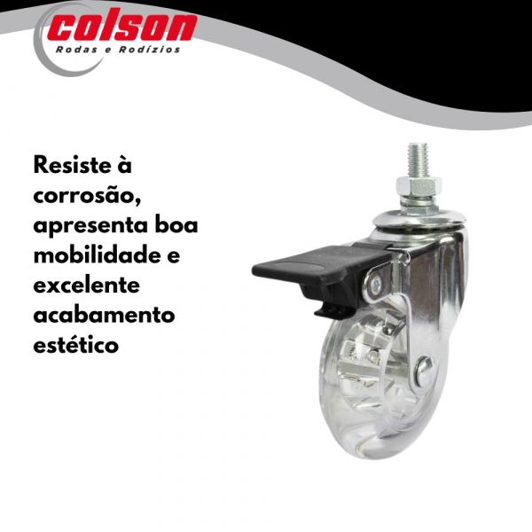 Rodízio Giratório 210 Espiga com Freio Roda Poliuretano Transparente 40kg Colson