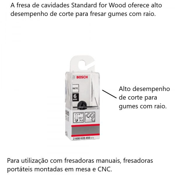 Fresa de meia-cana Bosch 6 mm, R1 6,3 mm, D 12,7 mm, L 9,2 mm, G 40 mm