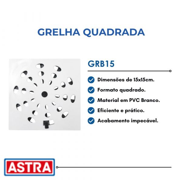 Grelha Quadrada 15 x 15cm em PVC Branco GRB15 Astra