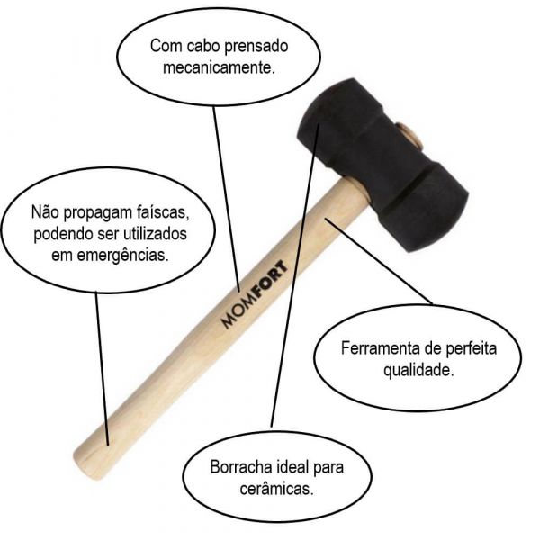 Martelo de Borracha Preto Com Cabo Madeira 60mm Momfort