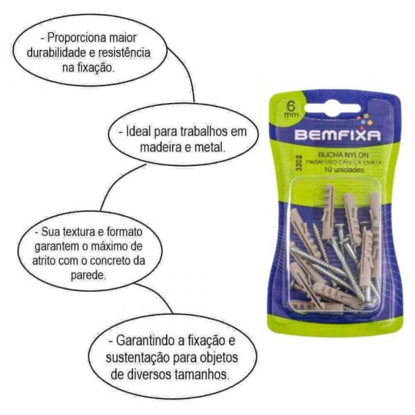 Bucha De Nylon Com Parafuso 06mm Bemfixa 3202