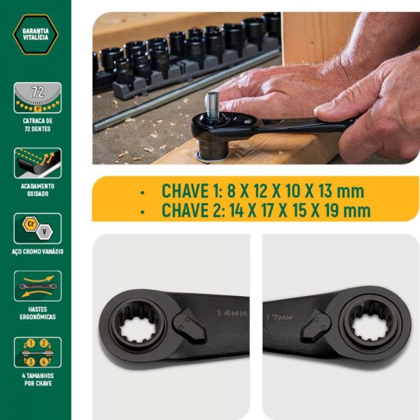 Jogo de Chave com Catraca X6 Quadbox 8mm a 19mm 2 Peças Sata 
