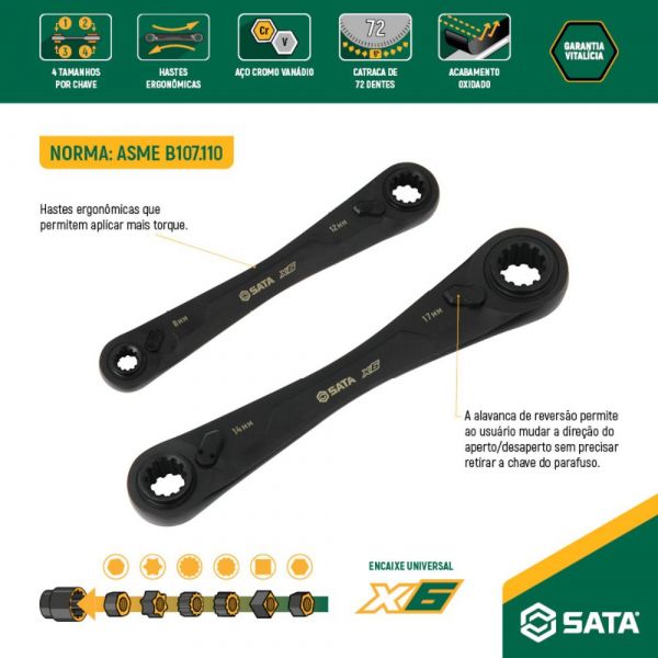 Jogo de Chave com Catraca X6 Quadbox 8mm a 19mm 2 Peças Sata 