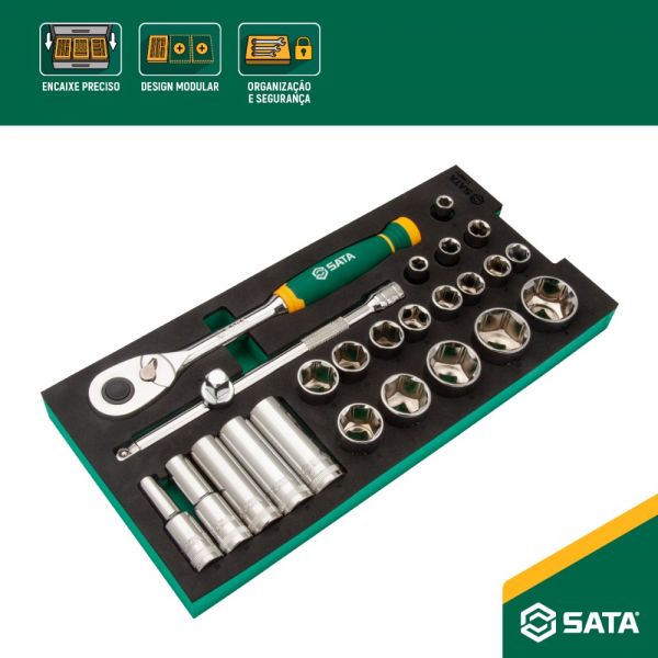 Jogo de Soquetes Sextavado 1/2 com 25 Peças em Berço EVA ST09004G Sata