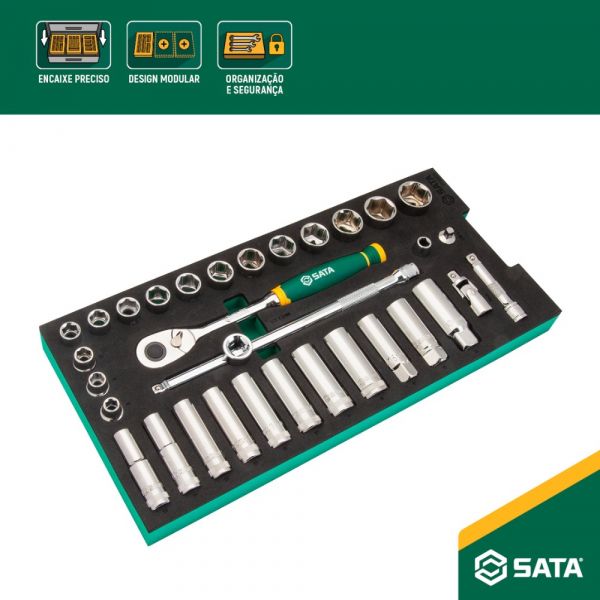 Jogo de Soquetes Sextavado 3/8 Pol. 33 Peças em Berço EVA ST09002G Sata
