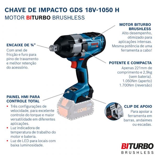 Kit Chave de Impacto GDS 18V-1050 H + 2 Baterias GBA 18V 4Ah + Carregador GAL 18V-40 Bosch