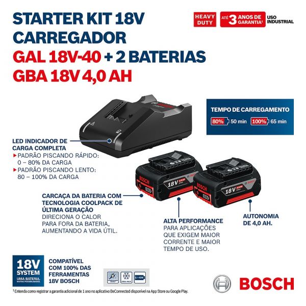 Kit de 2 Baterias GBA 18V 4Ah + Carregador de baterias Bosch GAL 18V-40 Bivolt