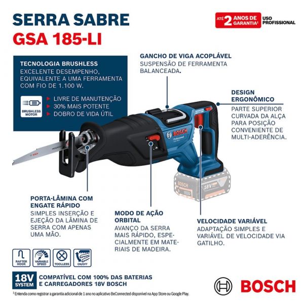 Kit Serra Sabre GSA 185-LI 18V + 2 Baterias GBA 18V 4Ah + Carregador GAL 18V-40 Bosch