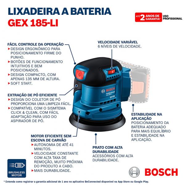 Lixadeira Roto Orbital à Bateria GEX 185-LI, 18V sem Bateria Bosch