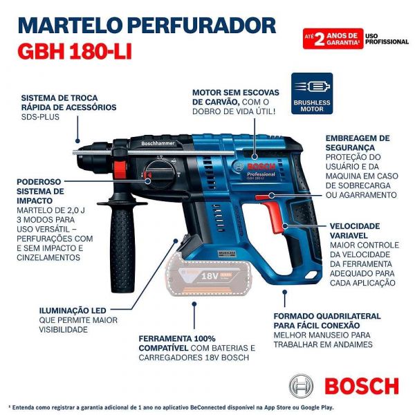 Martelete rompedor Bosch GBH 180-LI Brushless 18V 2 baterias em maleta