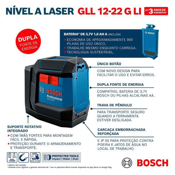 Nível a Laser GLL 12-22G LI Linhas Verdes Cruzadas 12m com Bateria Bosch
