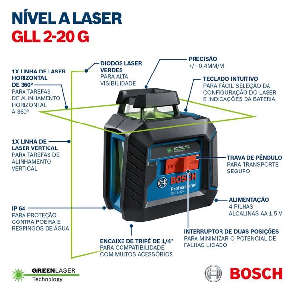 Nível Laser GLL 2-20G Bosch Verde Horizontal em 360° Bosch