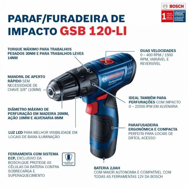 Parafusadeira Furadeira Bosch GSB 120-LI 12V 2 baterias e maleta