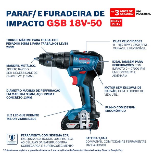 Parafusadeira Furadeira de Impacto Brushless GSB 18V-50 2 Baterias Bosch