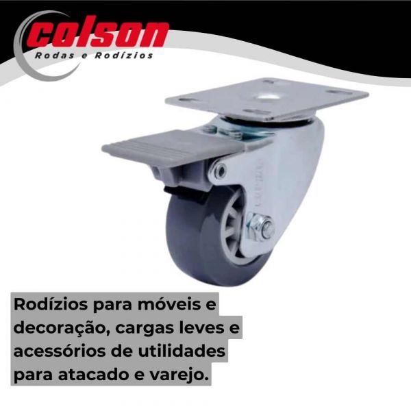 Rodízio 210 Placa Preto Com Freio Giratório Roda Poliuretano Injetado 40kg Colson