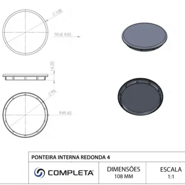 Ponteira Interna Redonda 4 Pol. Preta Completa