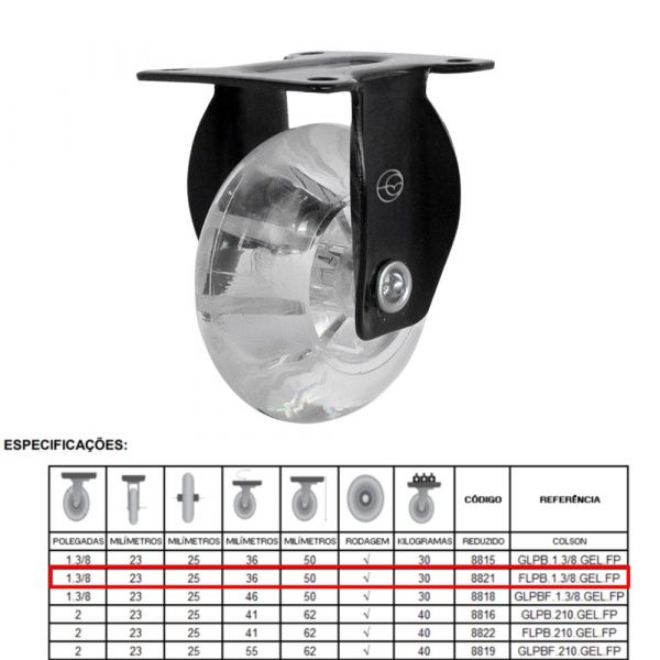 Rodízio Black Gel 1.3/8 Pol. Placa Fixa 30Kg Colson
