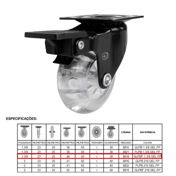 Rodízio Black Gel 1.3/8 Pol. Placa Giratória com Freio 30Kg Colson