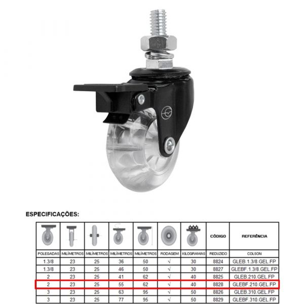 Rodízio Black Gel 210 Espiga Giratória com Freio 40Kg Colson