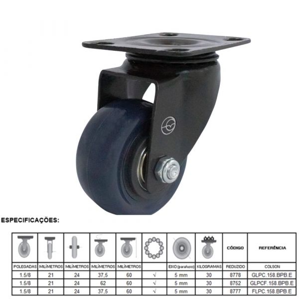 Rodízio Carbon Blue Placa Giratória 1.5/8 Pol. 30Kg Colson