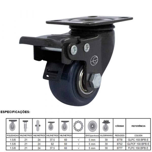 Rodízio Carbon Blue Placa Giratória com Freio 1.5/8 Pol. 30Kg Colson