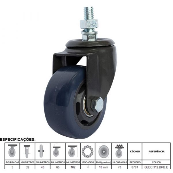 Rodízio Espiga 312 Carbon Blue Rosca Giratória 70Kg Colson