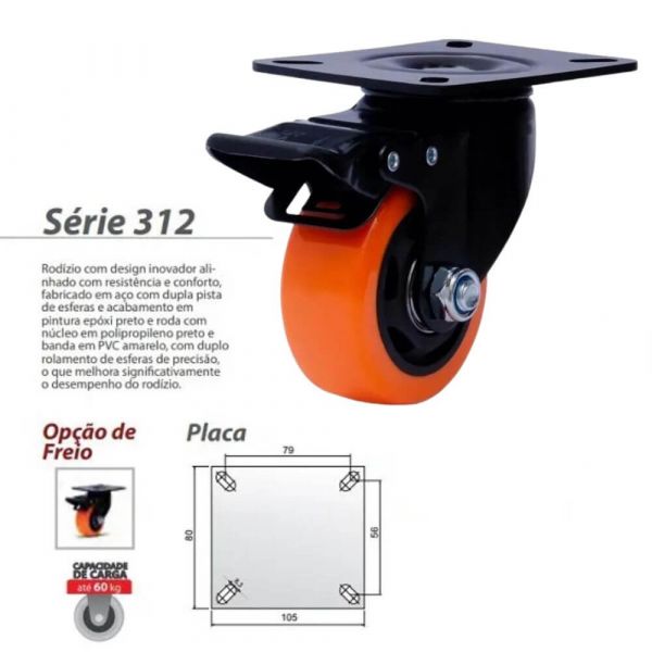 Rodizio Placa 312 Amarelo Com Freio Giratório Roda Polipropileno 60Kg Colson 