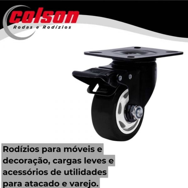 Rodizio Placa 312 Preto Com Freio Giratório Roda Polipropileno 30Kg Colson