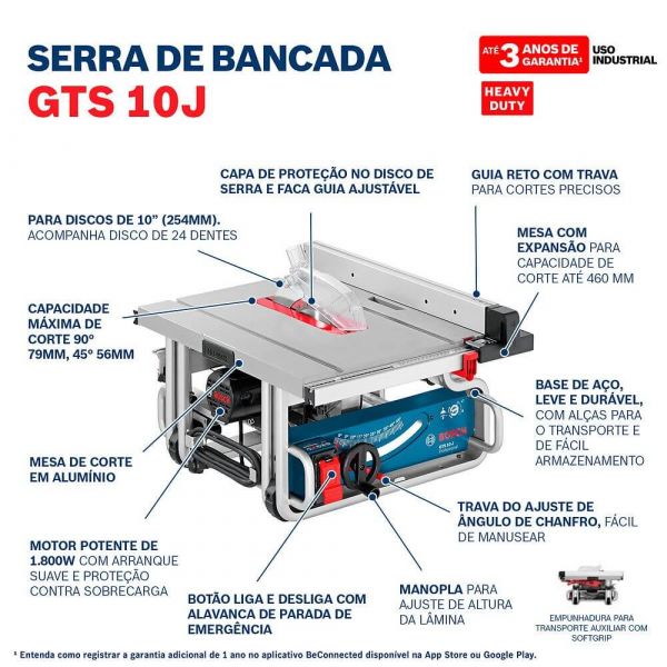 Serra de Mesa Bosch GTS 10 J 1800W 220V com disco e 2 guias