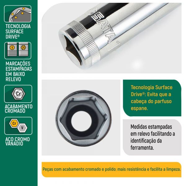 Soquete Sextavado Longo 1/2 Pol. de 7/16 Pol. Sata